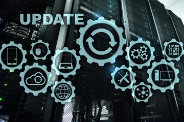 Update Software Computer on Virtual Screen Server Room Datacenter Background. Technology Updating...