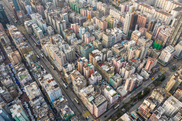 Drone fly over Hong Kong city with top down view