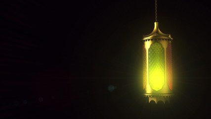 golden Ramadan lantern. Arabic decoration lamp with flame inside. 3d illustration