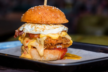 Close up tall tasty burger with cheese and egg served on tray