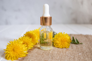 Fresh dandelion flowers and oil in a glass bottle on a wooden board. Flower essential oil.