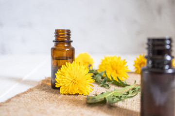 Essential aromatic oil with dandelion flowers on wooden background. Flower essential oil.