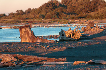 Lower Elwha river at Freshwater Bay with foreground beach and driftwood at sunset