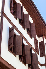 Vertical shoot of old traditional wooden turkish house with beautiful windows in Safranbolu