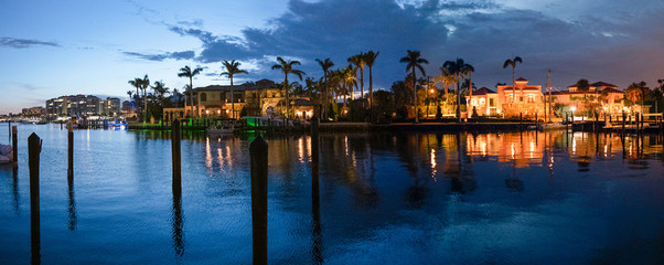 Lake Boca Raton and city skyline with reflections at sunset, panoramic view