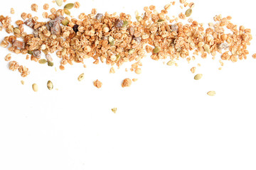 Crispy muesli dry Breakfast isolated on white background selective focus, top view copy space