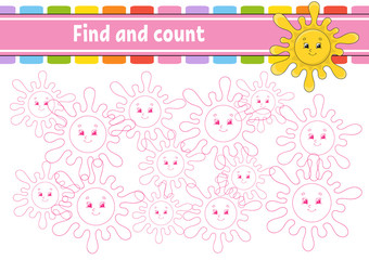 Find and count. Education developing worksheet. Activity page with pictures. Puzzle game for children. Logical thinking training. Isolated vector illustration. Funny character. Cartoon style.