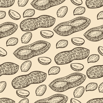 Seamless pattern of peanuts in the engraving style.