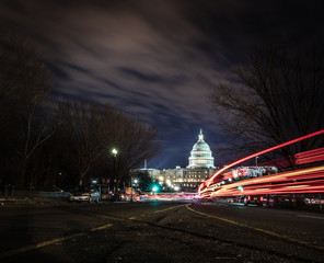 View of the Capitol Building with Light Trails