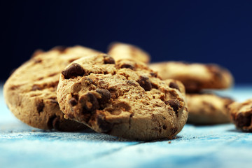 Chocolate cookies on wooden table. Chocolate chip cookies