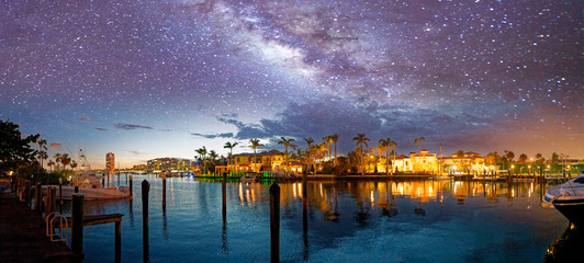 Boca Raton skyline and reflections on a starry night, Florida - obrazy, fototapety, plakaty