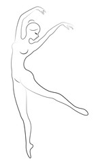 The silhouette of a cute lady, she is a dancing ballet circling fouette. The woman has a beautiful slim figure. Woman ballerina. Vector illustration.