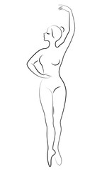 The silhouette of a cute lady, she is a dancing ballet circling fouette. The woman has a beautiful slim figure. Woman ballerina. Vector illustration.