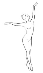 The silhouette of a cute lady, she is a dancing ballet circling fouette. The woman has a beautiful slim figure. Woman ballerina. Vector illustration.