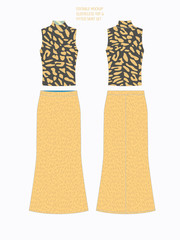 EDITABLE VECTOR TEMPLATE FOR SHOWCASING FABRIC PATTERN. TECHNICAL ILLUSTRATION OF TOP AND SKIRT WITH ANIMAL PRINT IN SHADES OF YELLOW AND OLIVE.