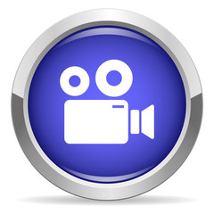 Video camera icon. Round bright blue button.