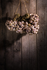 Garlic bunch hanging on wooden walls
