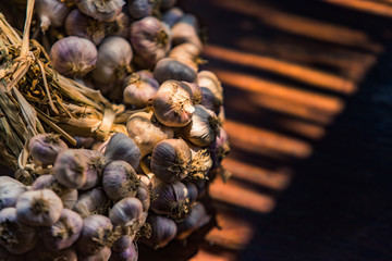 Garlic bunch on a wooden table