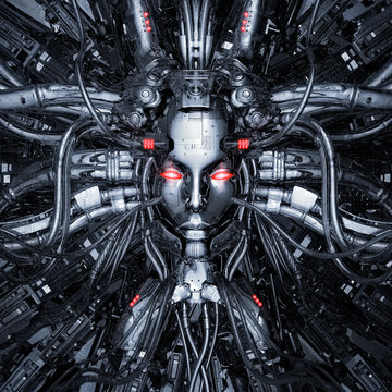 Hardwired for thought / 3D illustration of robotic science fiction female artificial intelligence wired to computer core