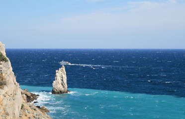 View of the Black sea and the rock Sail, Crimea, Russia.