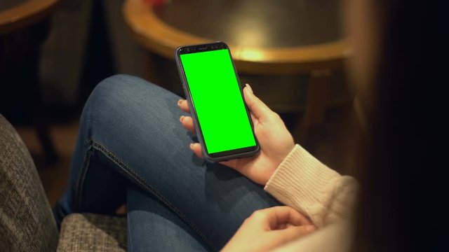 Lady unlocking prekeyed smartphone screen, place for advertisement, technologies