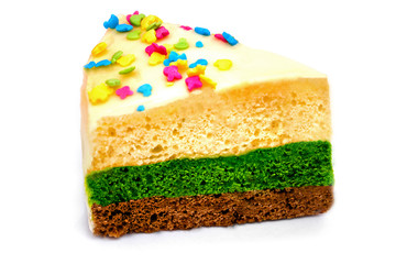 Sandwich a handmade piece of cake in a candy topping. Yellow, green and brown. White background (Isolated)