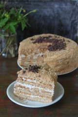 Homemade honey cake on a white plate on a dark concrete background. A piece of homemade honey cake on a plate