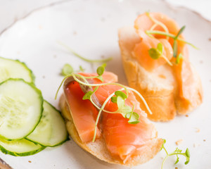 salmon slices on bread with microgreen and cucumber