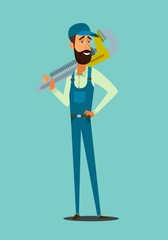 Vector Illustration Concept Plumber Service. Vector Image Cartoon Character Plumbing based on Large Wrench Lifting Finger Up.