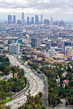 vertical shot of an aerial view of modern Los Angeles