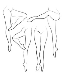 Collection. Silhouette of beautiful slender female legs. Duvushka is a ballerina, a lady is dancing, standing, making ballet figures. Vector illustration set