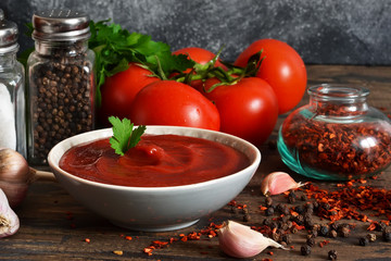 Tomato ketchup sauce with spices and pepper