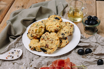 Homemade cookies with olive. Ham. Oil. Ingridients. Kitchen. Dessert. Paleo diet.