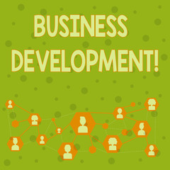 Word writing text Business Development. Business photo showcasing pursuing strategic opportunities for a certain business Online Chat Head Icons with Avatar and Connecting Lines for Networking Idea