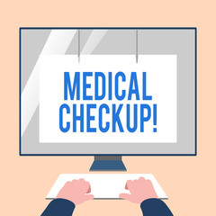 Naklejka premium Handwriting text Medical Checkup. Conceptual photo thorough physical examination includes variety of tests Hands on Mockup Keyboard Front of Blank White Monitor with Screen Protector