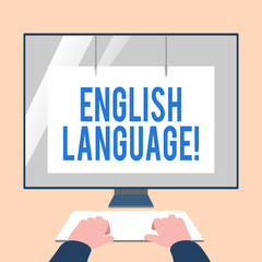 Naklejka premium Handwriting text English Language. Conceptual photo third spoken native lang in world after Chinese and Spanish Hands on Mockup Keyboard Front of Blank White Monitor with Screen Protector