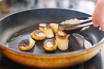Banana grilled on a skillet. Fried. Kitchen. 