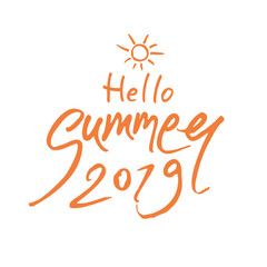 Fototapeta na wymiar Hello Summer 2019. Seasonal hand drawn logo solar art inscription. Vector lettering template.
