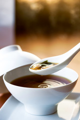 Japanese miso soup. Traditional. Asian. Dinner. Lunch. Restaurant. 