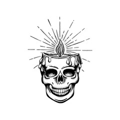 Skull. Skull with burning candle with rays in head. Skull and candle hand drawn vector illustration. 