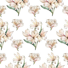Alstoemeria flowers background. Watercolor white lilies. Elegant wallpaper with seamless pattern.