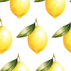 Lemon with leaf on white background. Watercolor seamless pattern of citrus leaves, fruit and blossoms.
