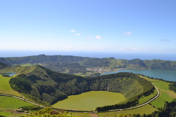 Naklejka premium Sete Cidades, Sao Miguel, Azores, Portugal, landscape, nature, countryside, sky, green, hills, panorama, mountain, hill, grass, field, view, meadow, mountains, Europe