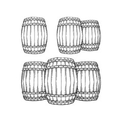 Wooden barrel. Hand drawn engraving style barrel illustrations set. Oak barrels sketch drawing. Wine or beer barrel isolated on white background. Part of set.