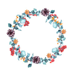 Watercolor isolated christmas wreath with eucalyptus and berries. Holiday hand drawn decoration.