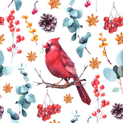 Christmas seamless pattern with cardinal bird, berries, eucalyptus and cones on white background. Holiday watercolor illustration.