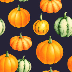 Seamless pattern with colorful october pumpkins. Autumn watercolor illustration on dark background.