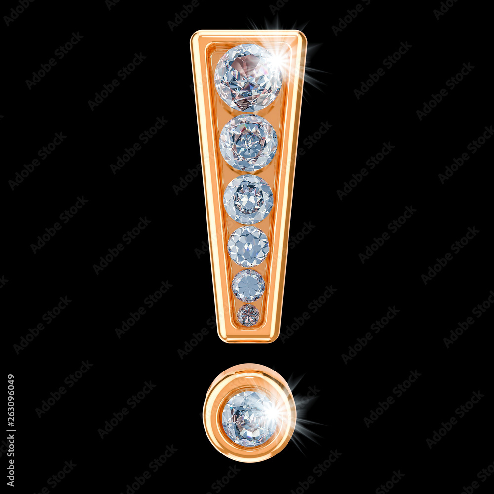 Poster golden exclamation mark with diamonds. 3d rendering