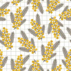 Botanical seamless pattern with yellow mimosa flowers and leaves on white background. Vector illustration for textile print, wallpaper, wrapping paper.