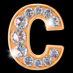 Golden letter C with diamonds. 3D rendering